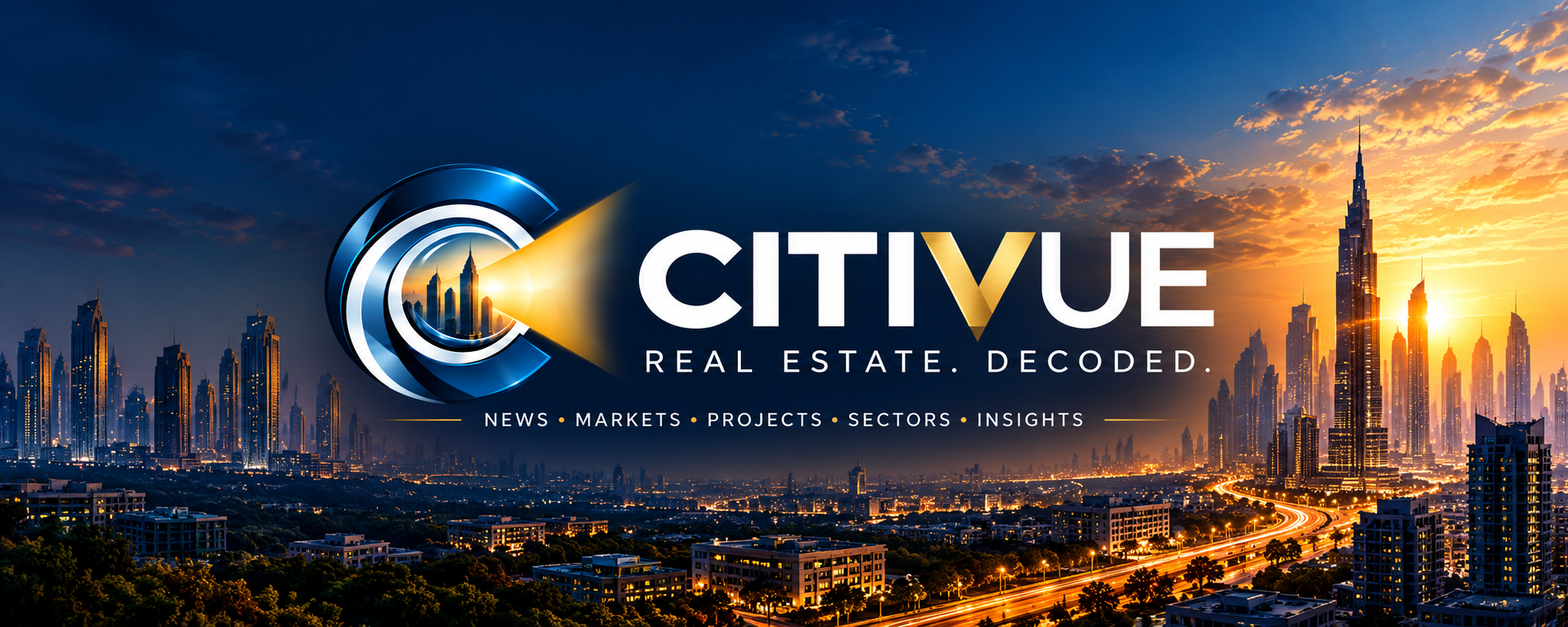 Citivue skyline banner with lens emblem and cityscape